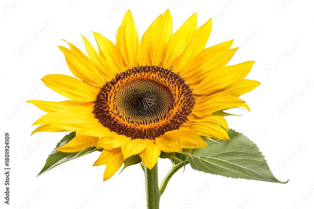 Obraz premium Sunflower blooming with bright yellow petals and green leaves, standing tall and representing summer, nature, and growth