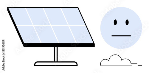 Solar panel alongside a neutral face emotion and small cloud, symbolizing renewable energy, environmental awareness, weather dependence, sustainability, mood variation, simplicity, and minimalism