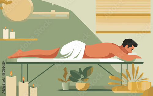 Person receiving a massage on a spa table surrounded by plants and candles