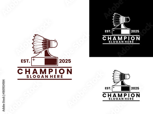 Badminton Award logo design icon. Trophy with shuttlecock logo design vector template. Badminton champion trophy logo design vector template