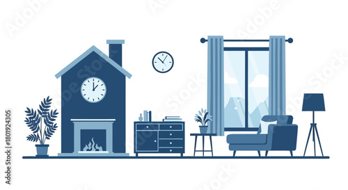 Cozy living room interior scene with fireplace armchair window and clock in a minimalist blue style