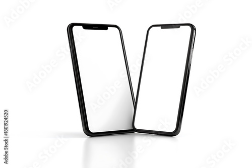 Two black mobile phones standing upwards, showing empty screen displays for user interface and application mockups