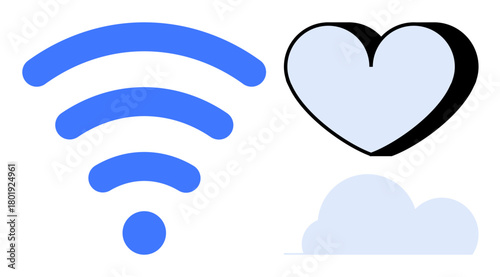 Blue wireless, heart, and cloud shapes symbolize connectivity, love, and storage. Ideal for technology, networking, cloud computing, data management relationships emotions and innovation concepts