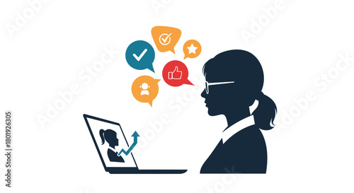 Silhouette of a woman wearing glasses interacting with a laptop and colorful speech bubbles with icons