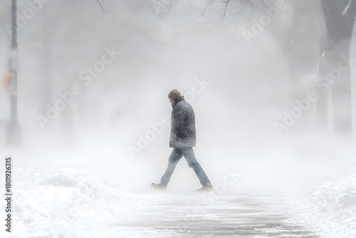 A person trudges through a snowy park in winter, battling fierce winds and limited visibility amid a snowstorm