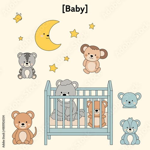 Adorable cartoon teddy bears and koala for baby nursery decor with crib moon and stars.