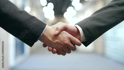 Close up of two businessmen in formal suits shaking hands in a bright business center. Business handshake between male professionals after sealing deal in an office building. Teamwork and cooperation