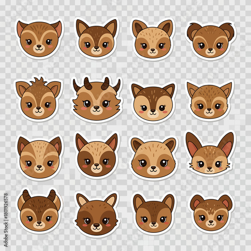 Adorable collection of cute cartoon deer and fawn head stickers.