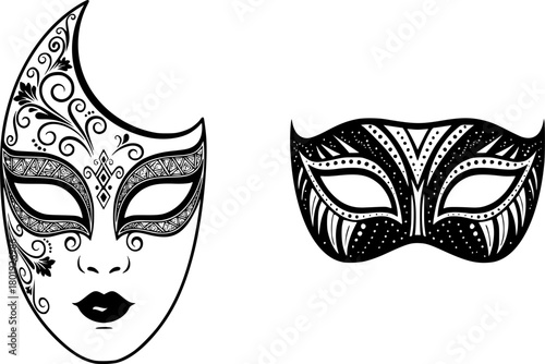 monochrome masks with intricate details, minimalist details, vector illustration