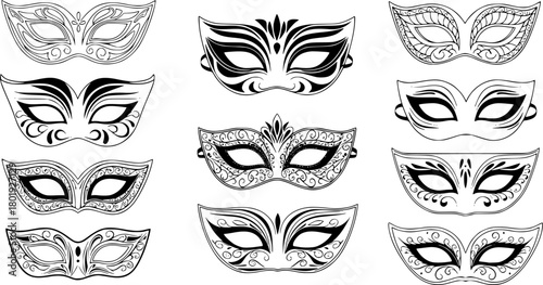 monochrome masks with intricate details, minimalist details, vector illustration