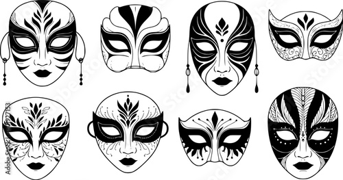 monochrome masks with intricate details, minimalist details, vector illustration