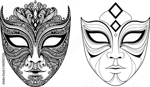 monochrome masks with intricate details, minimalist details, vector illustration