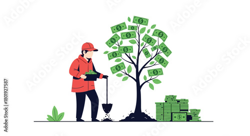 Gardener planting a money tree with dollar bills as leaves and coins as a growing investment