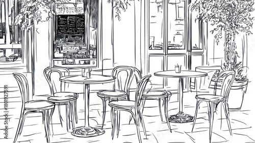 Parisian cafe sketch; outdoor seating, street view, plants, menu; restaurant illustration