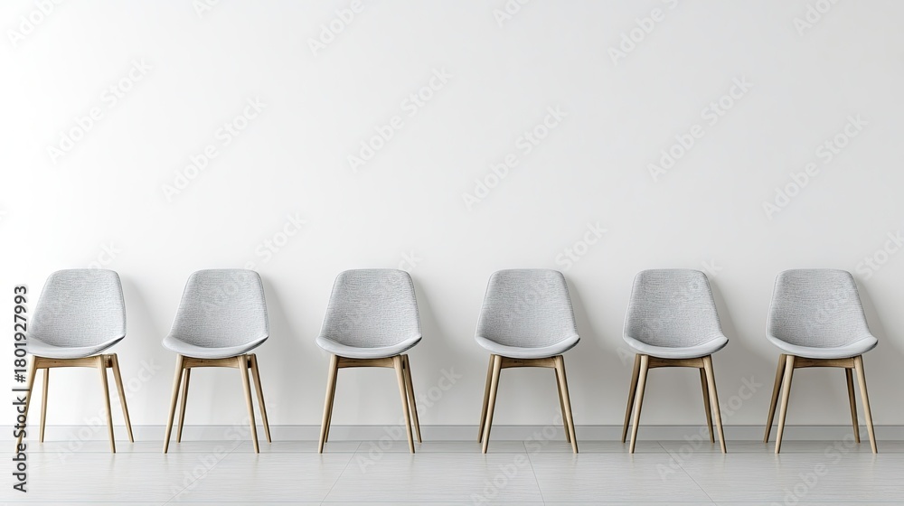 Obraz premium Modern minimalist design of six stylish gray chairs arranged in a row against a plain white wall in an open and bright interior space