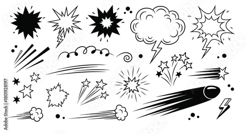 Collection of hand drawn black and white comic book style sound effects and action elements