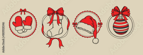 Hand drawn christmas ornaments featuring mittens stocking santa hat and bauble with red ribbons