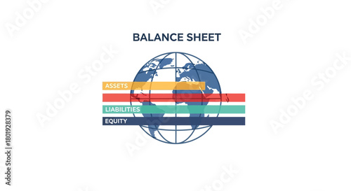 Global balance sheet concept with world globe and colorful horizontal data bars representing financial information
