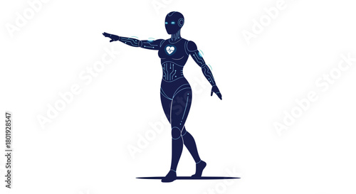 Futuristic dark blue humanoid robot with outstretched arm in a dynamic pose on a white background