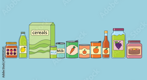 Pantry staples illustration food storage grocery items organized shelf
