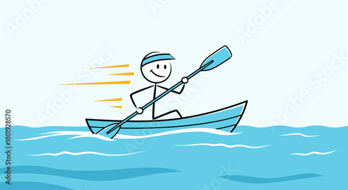 Stick figure man paddling a canoe through blue water with speed lines behind him.