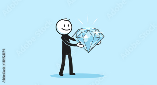 A simple stick figure character holds up a large, sparkling diamond with a proud smile.