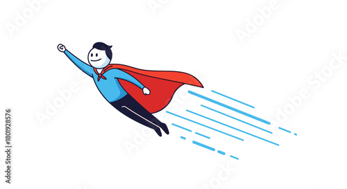Cartoon superhero flying through the air with a red cape and blue streaks of motion.
