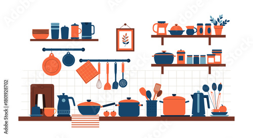 Modern kitchenware and cooking utensils displayed on shelves and countertops.