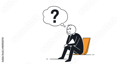 A stick figure sits on a chair with a question mark in a thought bubble above its head.