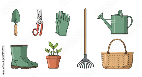 Collection of cartoon gardening tools and supplies for planting and outdoor work.