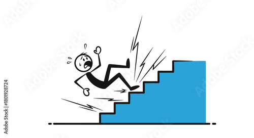 Stick figure falling down blue stairs with sweat and lightning symbols indicating danger.