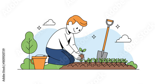 Person planting a seedling in a garden bed with a shovel and bucket nearby.