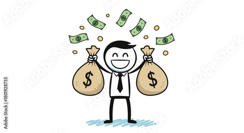 A happy cartoon person holds two large bags of money with cash raining down.