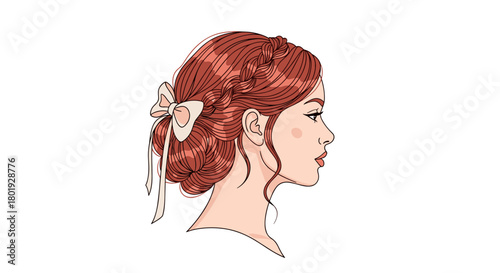 Side profile of a woman with red hair styled in a braid and bun with a bow.