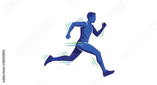 Dynamic blue silhouette of a male runner in motion with streaking lines representing speed and energy