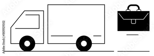 Box truck driving beside a briefcase, combining concepts of goods shipment, business services, and corporate mobility. Ideal for logistics, supply chain, business management, transport, commerce
