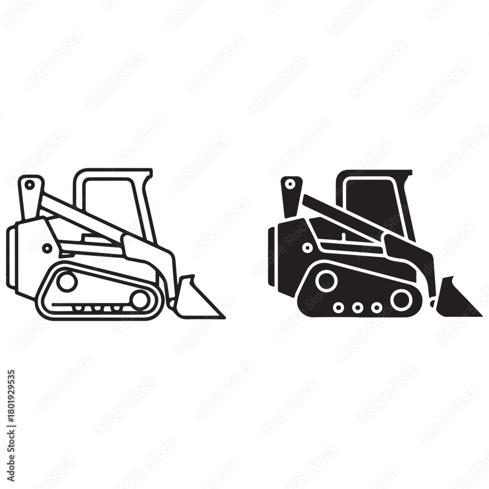 Fototapeta premium Compact Track Loader Heavy Equipment Icons in Outline and Silhouette Style