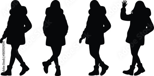 Winter Pedestrian Silhouettes Set.Women Silhouettes in Winter Attire with Various Poses.