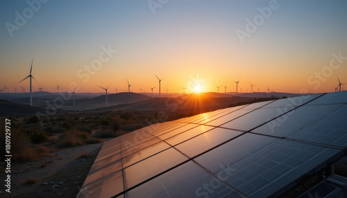 A sunset casts a warm glow over a landscape featuring solar panels in the foreground and several wind turbines in the background.