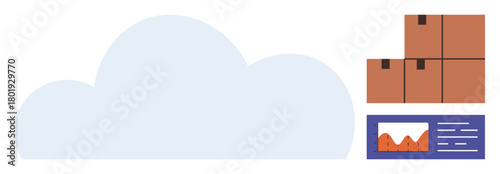 Cloud with stacked cardboard boxes and a data chart reflecting analytics. Ideal for storage, logistics, data management, cloud solutions, e-commerce, technology, and distribution. Simple flat