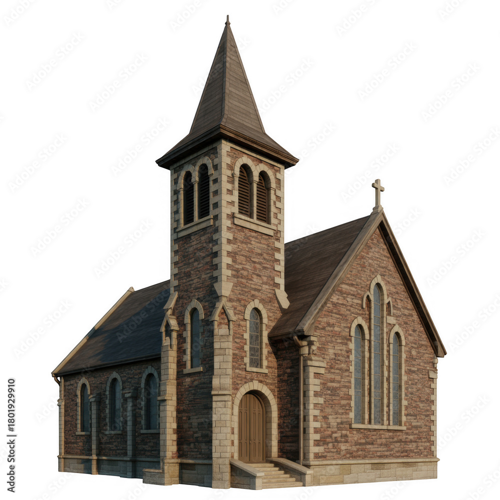 Fototapeta premium Stone Steeple Church Building isolated on a transparent background