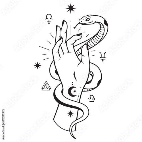 Mystical Hand Holding Serpent with Celestial Symbols