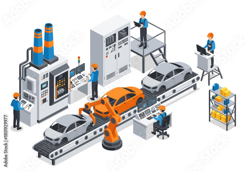 Automotive manufacturing process automated assembly line for car production with robotic arms and quality control stations