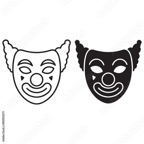 Stylized Clown Masks: Outline and Solid Black Silhouette
