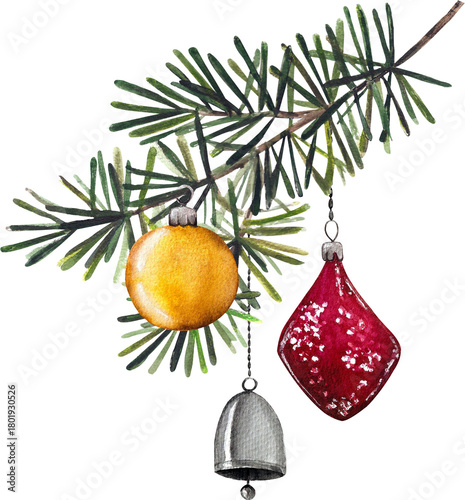 Watercolor Christmas Pine Branch with Ornaments