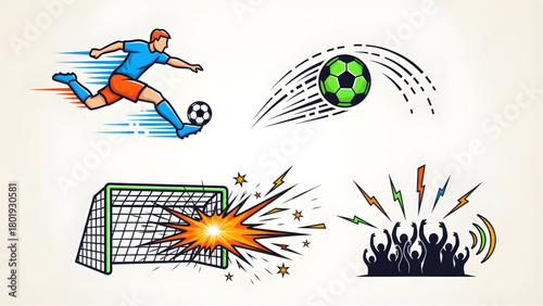 Modern Football Action Icon Set Dynamic Vector Illustrations Depicting Player Kicking, Ball Movement, Goal Scoring, and Energetic Fan Celebration Concepts