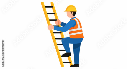 Cartoon construction worker climbing ladder flat vector.