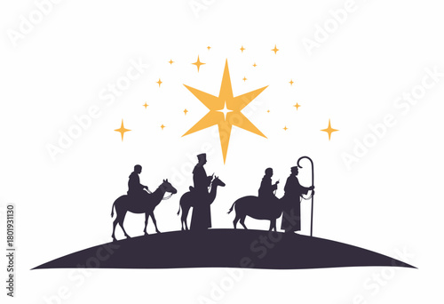 Silhouetted Journey Under a Glowing Star Illustrating a Journey with Animals and Figures on a Hilltop Guiding the Way Beneath a Captivating Starry Sky