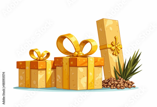 Illustration of various golden gift boxes with bows and decorative elements on a white background suitable for festive celebrations and special occasions