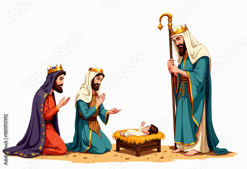 Three Wise Men Adoring the Infant in a Manger with Gifts Symbols of Honor in a Traditional Biblical Scene of Reverence and Worship